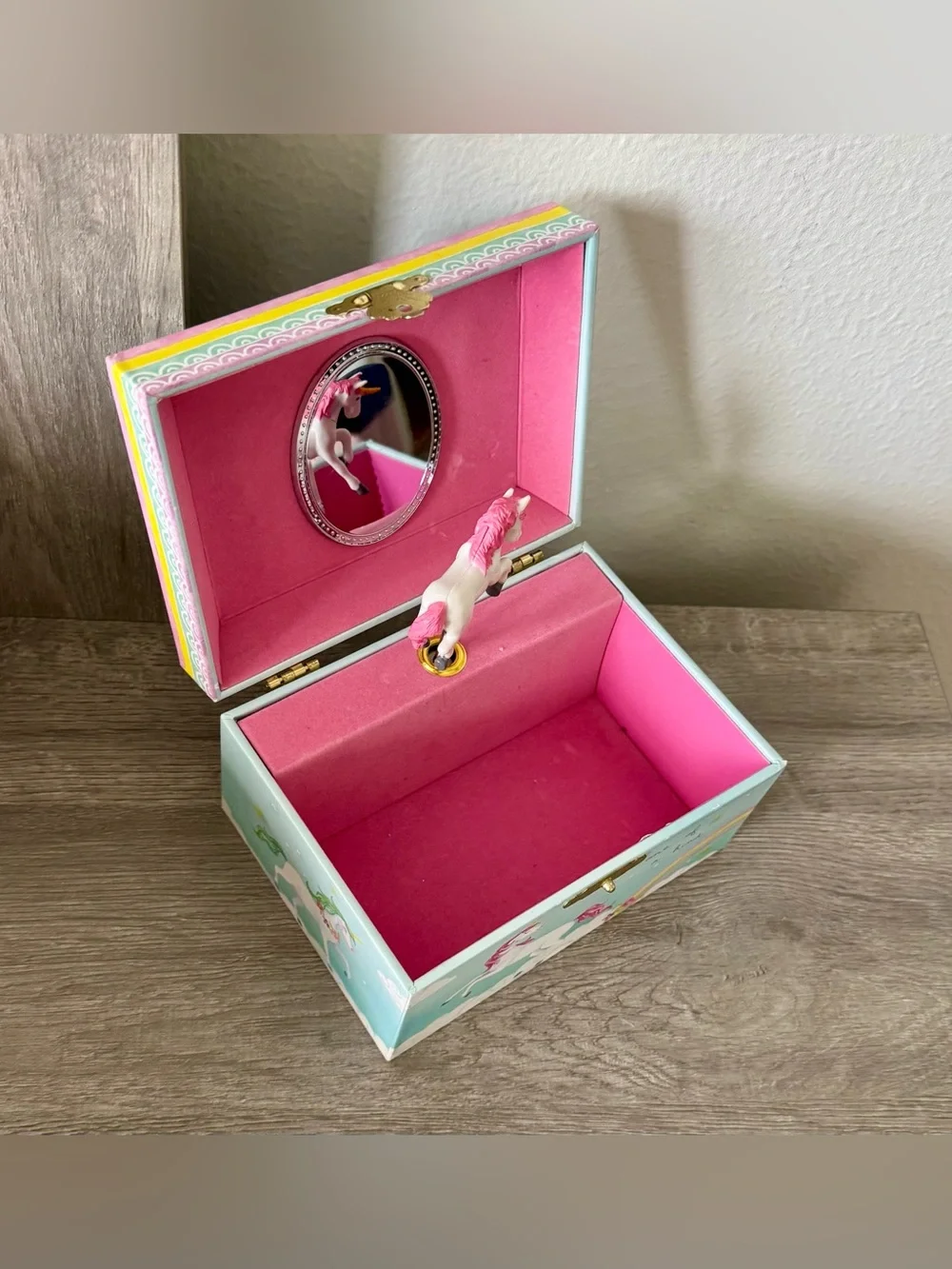 Girl's Musical Jewelry Storage Box with Spinning Unicorn, 6 x 4.65 x 3.5 inches